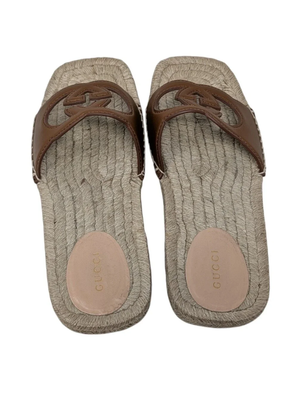 Gucci Interlocking G Brown Leather Espadrilles Flat Slide Sandals Size EU 38